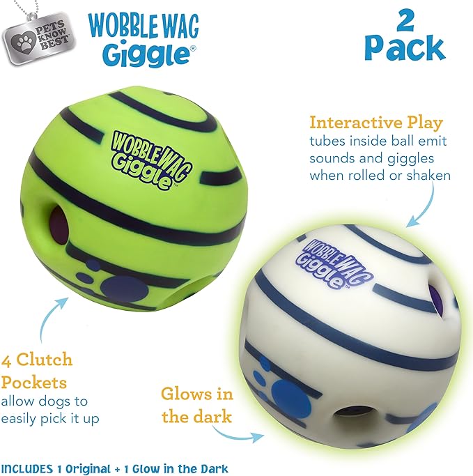 Wobble Wag Giggle & Glow | Rolling Enrichment Toy for Fun Playtime, Interactive Play for Indoor or Outdoor, Keeps Dogs & Puppies Large, Medium or Small Busy & Moving, As Seen on TV | Pack of 2