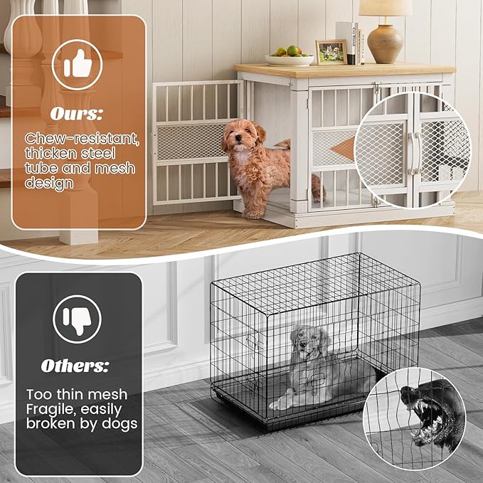 VOPEAK 27.5" Dog Crate Furniture, Chew Resistant Dog Crate for Small Dogs Puppy, Heavy Duty Dog Crates Dog Kennel Cage Indoor with Double Doors, Wooden End Table for Bedroom Living Room, White