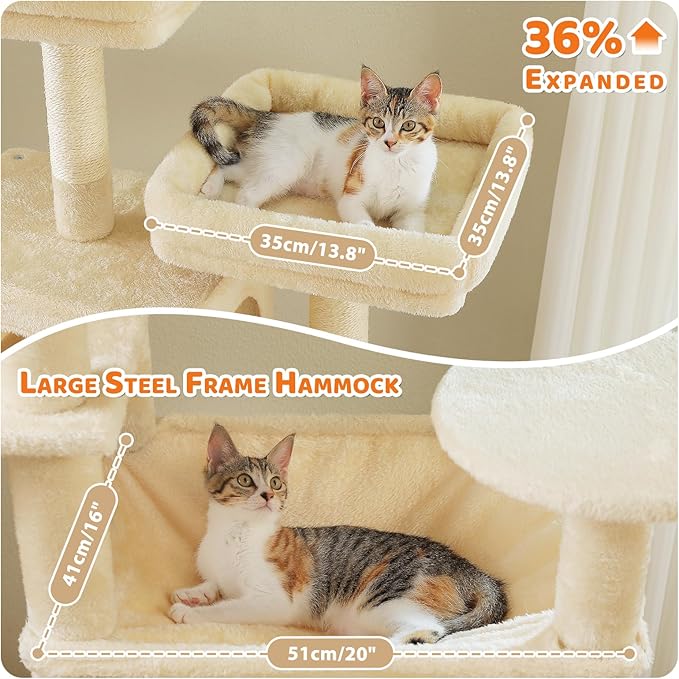 PAWZ Road Heavy Duty Cat Tree for Large Cats, 81 Inches Tall Cat Tower with 2 Perches, 2 Condos and Spacious Hammock, XL Extra Large Condo with 7 Scratching Posts for 20lb+ Adult Cats,Beige