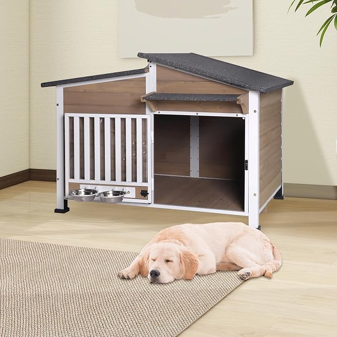 Chew-Resistant Dog House with Metal Frame, Wooden Kennel for Indoor & Outdoor Use, Waterproof Roof & Feeding Bowls Included (Brown, L)