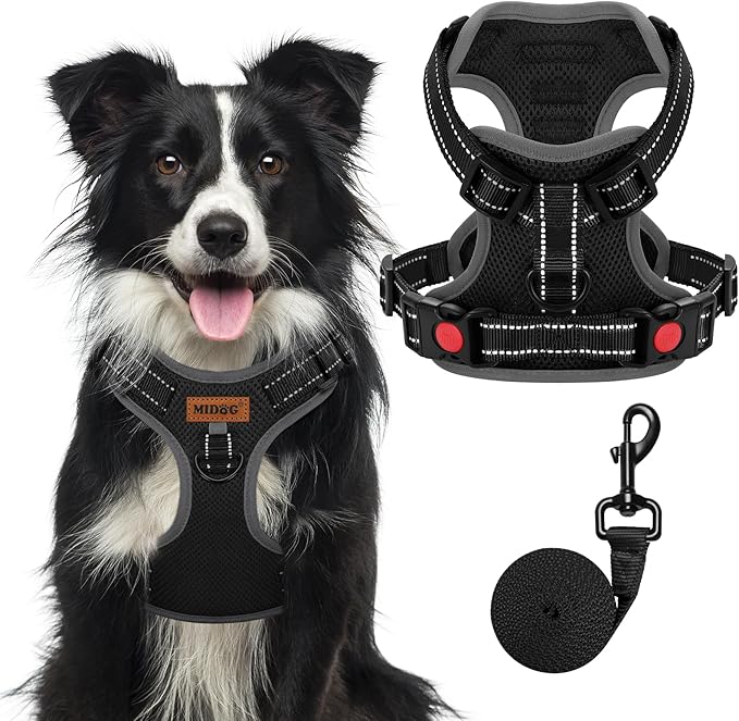 MIDOG No-Pull Dog Harness | Adjustable & Reflective Pet Harness Leash Set for Small Medium Large Dogs Walking, Training| No Choke, Front Clip, Soft Padded Vest with Easy Control Handle - Black, XL