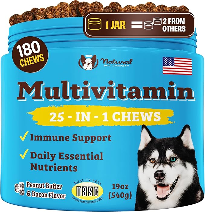 Natural Dog Company 25 in 1 Multivitamin Chews (180 Pcs) Dog Vitamins & Supplements, Peanut Butter & Bacon Flavor, Dogs, Supports Immune System, Antioxidant, Vitaminas para Perros, Multi Dog Families
