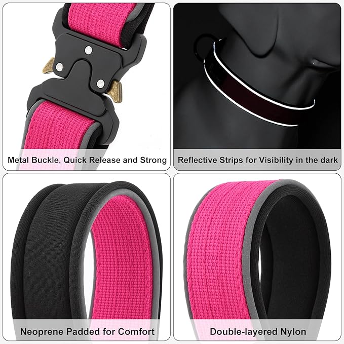 Plutus Pet Tactical Dog Collar, Reflective, Adjustable Heavy Duty Dog Collar, Soft Padded and Comfortable, for Small Medium and Large Dogs (Hot Pink, XL)