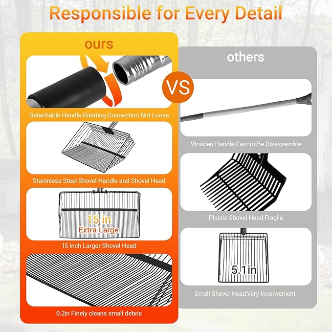 OZRVYNDAREL15 Heavy Duty Chicken Poop Scooper - All Metal Adjustable Handle (39" to 77"), Stainless Steel Sifting Shovel for Coop Cleaning, Small Mesh Design for Fine Waste, Includes Non-Slip Gloves