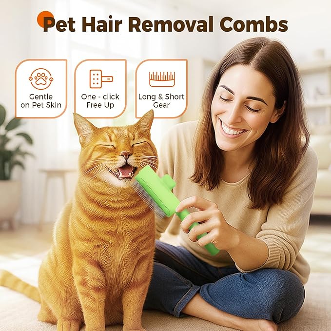 Pet Hair Removal Comb Flea Combs for Cats and Dogs, Pet Flea Comb Grooming Brush with One-Click Release Button, Dog Cat Deshedding Brush for Short & Long Hair (Blue & Green)