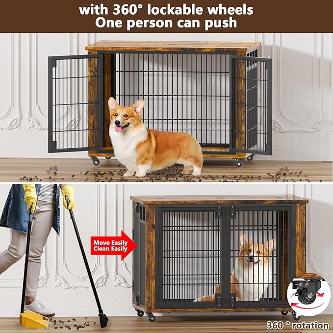EasyCom 90% Pre-Assembled 33" Small and Meidum Dog Kennel Indoor Furniture, Wooden Dog Crate Furniture with Top-Access Teasing/Feeding Doors, for Medium and Small Breed, with Wheels Moveable