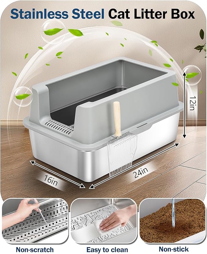 Stainless Steel Sifting Litter Box with Lid, Metal Litter Pan with Scoop for Big Cats Multi Cat, Extra Large Cats Litterbox Odor Control Easy Clean (24 * 16 * 12inch-with Enclosure, X-Large)