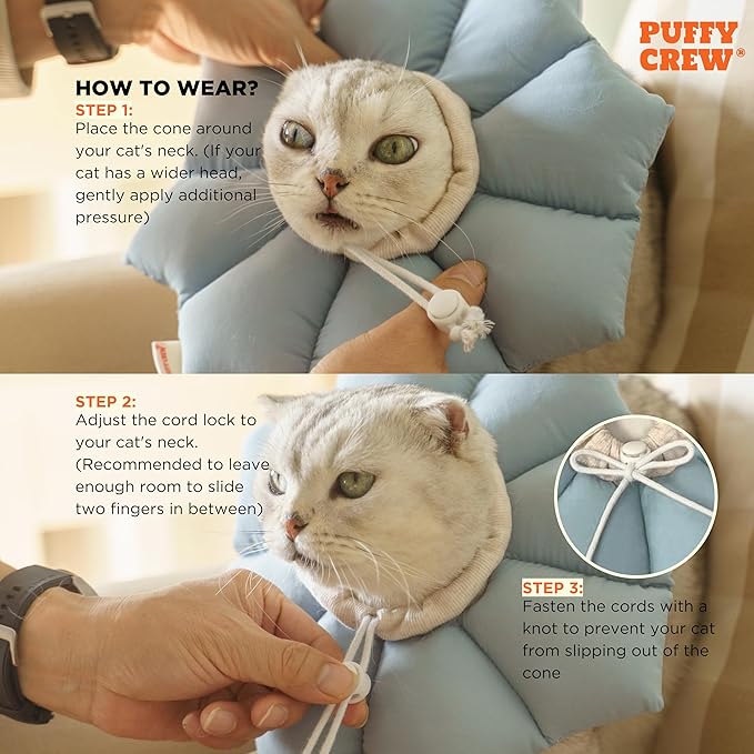 Puffy Crew Soft Cat Cone Collar, Adjustable Waterproof Recovery Collar, Lightweight Elizabethan e Collar for Cats of All Breeds (Blue, Small, Neck Circumference 5.5'' - 8.5'')