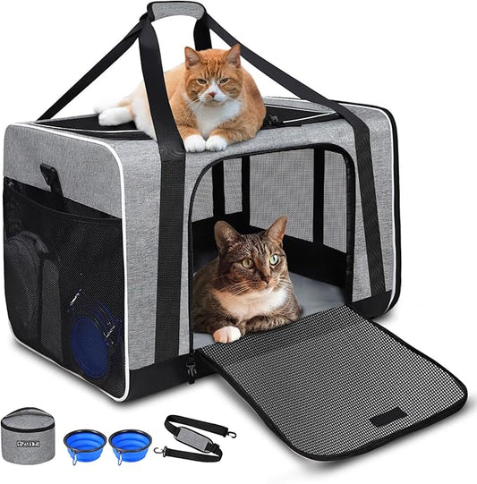 Petskd Extra Large Pet Carrier 24"x17"x17" for Large Cat or Medium Dog, Collapsible Soft Sided Dog cat Carrier for Long Trips with Lockable Safety Zippers(Grey)