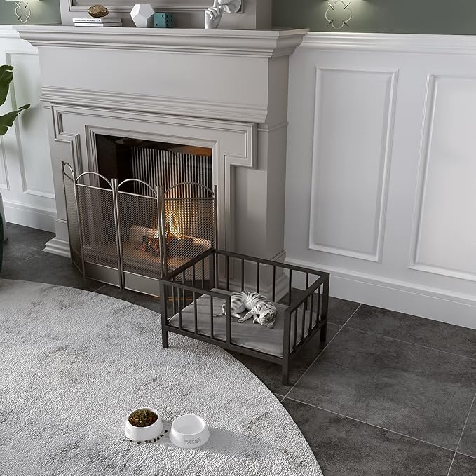 Dog Bed with Rails - Elevated Pet Metal Bed Frame with Solid Wood Board and Washable Soft Mat for Small Dog Indoor or Outdoor Use, 21.3" x 30", Black