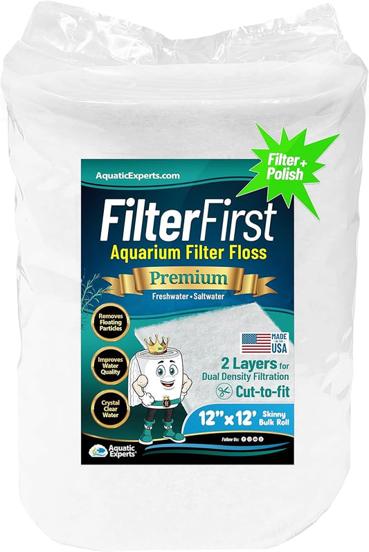 Aquatic Experts Aquarium Filter Floss for Fish Tank Filters - FilterFirst Aquarium Filter Pad - Media Roll for Crystal Clear Water, 12" x 12' x ¾ to ½ Thick