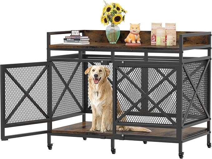 COZPAW Large Dog Crate Furniture, 48 Inch Wooden Dog Kennel for XLarge Dogs, Heavy Duty Dogs Furniture Indoor Wire Dog Cage with Caster Wheels, Decorative Pet House End Table, Brown