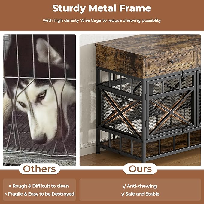 IRONCK 44 inch Large Dog Crate Furniture, Wooden Dog Kennel with Storage Drawers for Medium/Large Dogs, Decorative Dogs Kennel Indoor, Rustic Brown