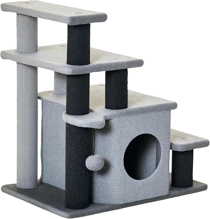 PawHut Pet Stairs, Adjustable Height 3/4 Step Cat Steps with Scratching Post, Condo, Toy Ball for High Bed, Sofa, Couch, Indoor Small Cats, Kittens, Gray