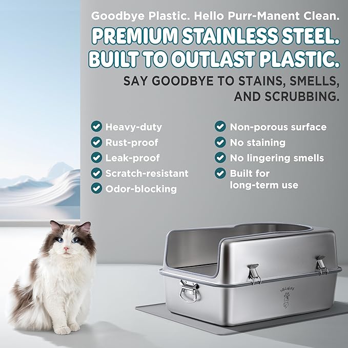 XL Metal Cat Litter Box with Lid – Non-Stick, Odor Control, Stainless Steel, Rust-Resistant, High-Sided – Easy to Clean with Handles, No-Slip Base, Leak-Proof Seal, 5 Clips, Cleaning Tracker