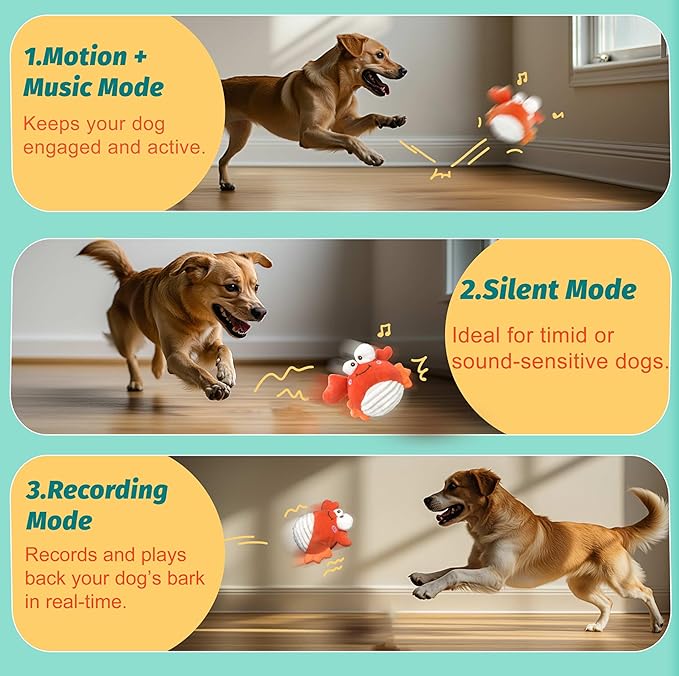 Crab Interactive Dog Toys – Rechargeable Self-Play Toy with Motion-Activated Ball & Music Recording Modes for Small, Medium & Large Dogs, Moving Dog Toy to Keep Them Busy