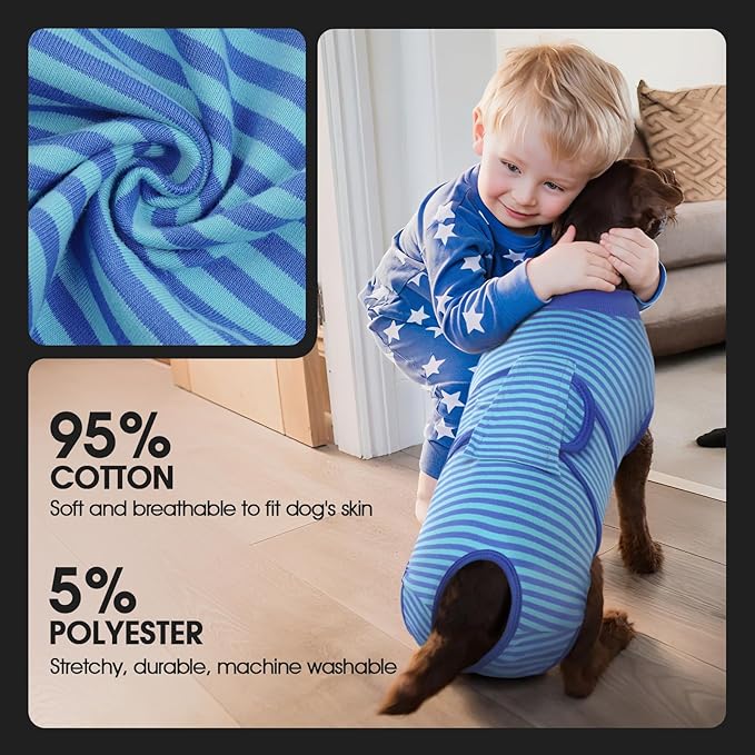 FUAMEY Recovery Suit for Dogs After Surgery,Soft Breathable Dog Bodysuit E-Collar & Cone Alternative Surgical Suit,Male Female Dog Neuter Spay Suits Anti Licking Wounds Onesie Navy Blue Strips XXL