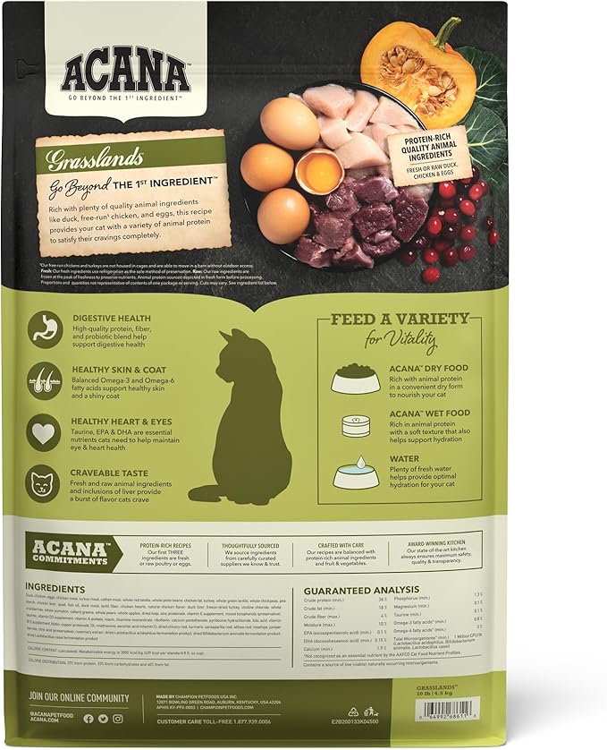 ACANA Grain-free Dry Cat Food Grasslands Chicken Duck Turkey Fish and Quail 10lb Bag