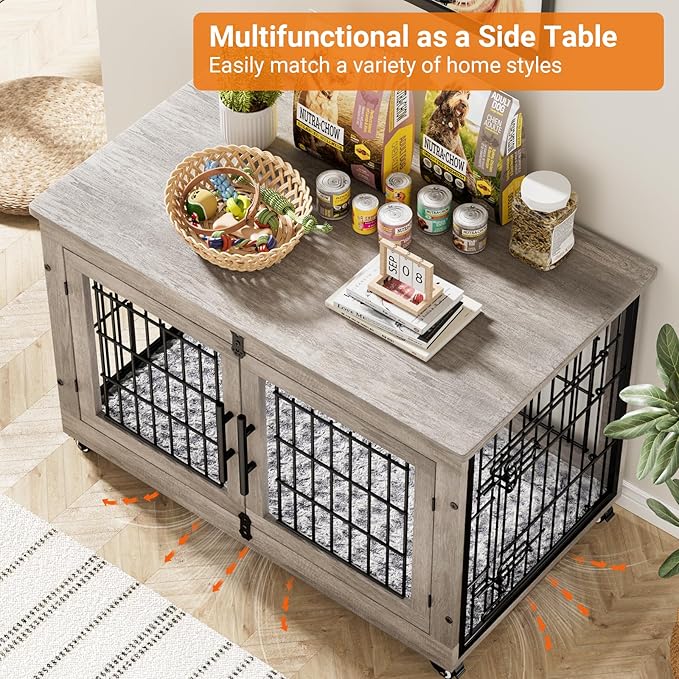 Lulive Dog Crate Furniture Set of 2, Dog Kennel Indoor Double Doors Wooden Dog Cage, 38'' Heavy Duty Dog Crate with Cushion & Wheels, End Table Pet House Chew-Resistant Up to 70 lb, Grey