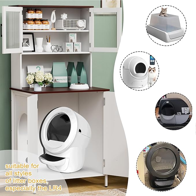 PAKASEPT Cat Litter Box Enclosure Furniture for Self-Cleaning Cat Litter Box with Shelves and Doors