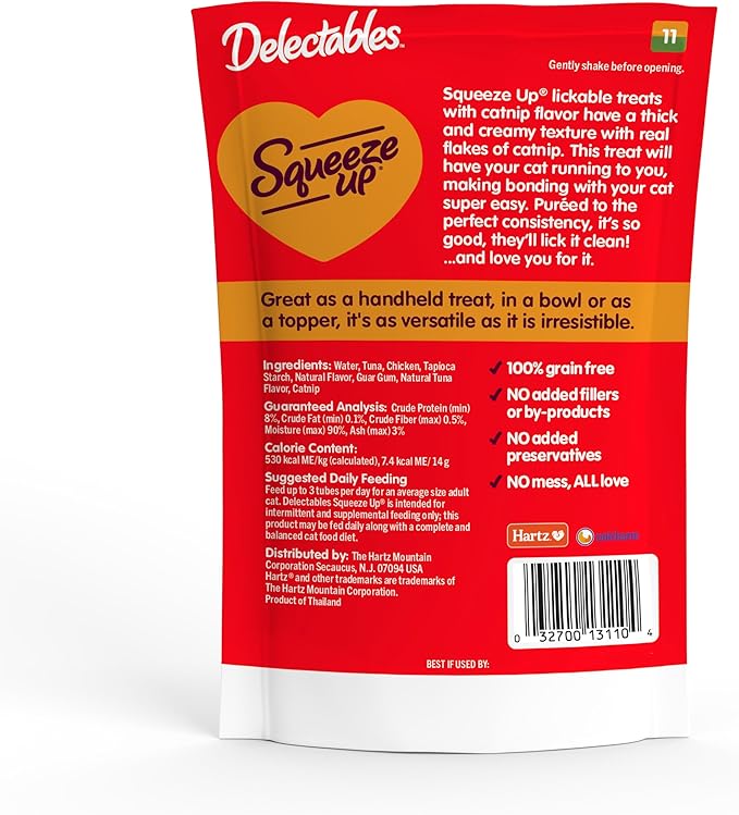 Delectables Squeeze Up Creamy Squeezable Puree, Lickable Wet Cat Treats, Grain Free, No Added Fillers, No By-Products, No Added Preservatives, 0.5 Ounces Tube Chicken with Catnip, 32 Tubes Total