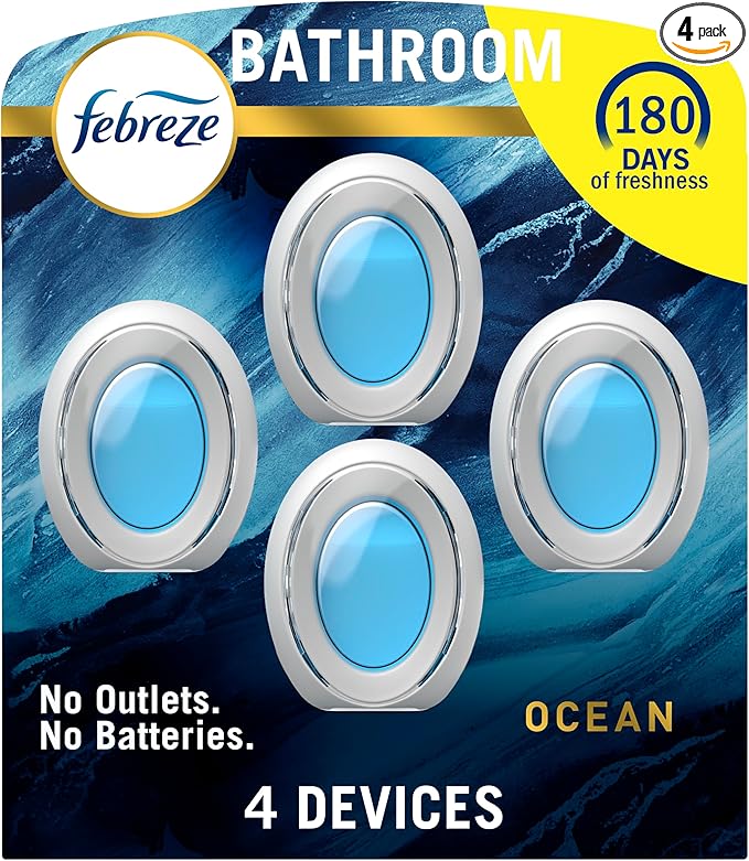 Febreze Bathroom Air Freshener, Odor-Fighting, Plug In Alternative, Air Fresheners for Home and Bathroom and Kitchen, Closet Air Fresheners, Ocean Scent, 4 Count