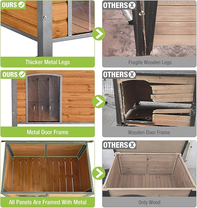 GUTINNEEN Chew Proof Dog House with Metal Iron Frame Outdoor Dog Kennel for Small Medium Large Indoor Dog Cage (43.3" L,Brown Color)