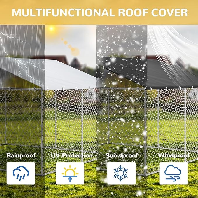 Outdoor Dog Kennel with Cover, Large Dog Run Fence House Big Cage Pen Enclosure, Heavy Duty Dogs Play Cage Pen Kennel (118" L x 118" W x 83" H)