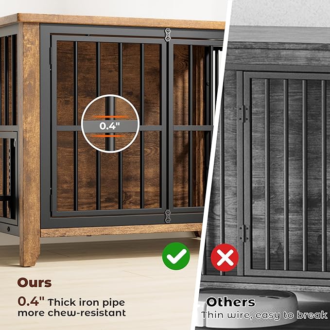 Lulive Dog Crate Furniture, Wooden Dog Kennel Indoor with Adjustable 360°& Height Dog Bowls, Double Doors Furniture Dog Crates End Table for Small/Medium 31.5" L*22.5" W*25.6" H, Brown