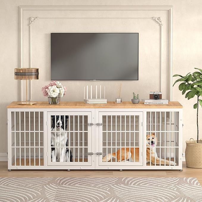 78 Inch Double Dog Crate Furniture, Heavy Duty Extra Large Cage Furniture with Divider for 2 Dogs, Decorative Wooden Kennel Furniture Indoor, Pet House for Large and Medium Dogs, White