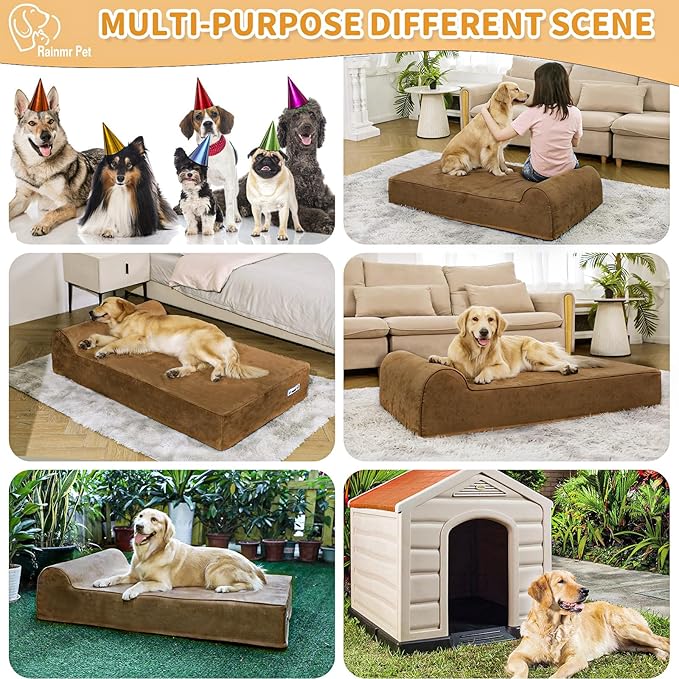 Orthopedic Dog Beds for Large Dogs, 7" Memory Foam Dog Beds with Waterproof Liner, Chew Proof Microsuede Cover, Removable and Washable, Nonskid Bottom, 60"x48" XXL Brown