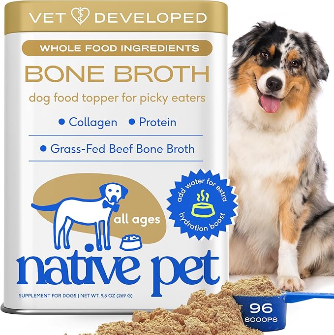 Native Pet Bone Broth for Dogs and Cats - Made with Real Beef Bone Broth, Dog Food Toppers for Picky Eaters - Provides Extra Hydration & Nutrition for Joint Strength, Immunity & Heart Health-96 Scoops