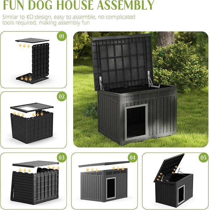 Dog House Indoor Outdoor,Resin Waterproof Puppy Shelter with Air Vents and Elevated Floor,Air Rod on Top to Open,Dog Kennel for Small to Large Dogs(Black,42.87 * 32.95 * 31.61)