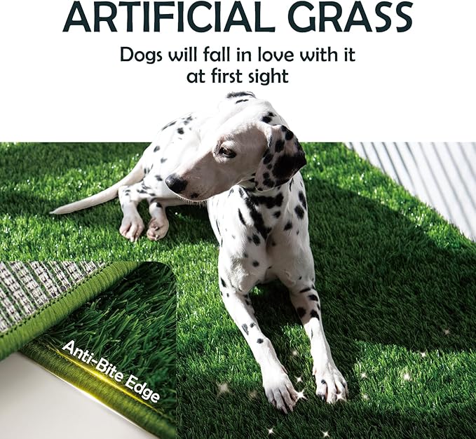 MEEXPAWS Dog Grass Pad with Foldable Dog Litter Box, Large Pee Pad Holder Foldable Liner Base High Side with Odor Free Artificial Grass for Puppy Potty Training Balcony, 2 PCS Reusable Pee Pads