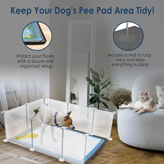TidyFriend Litter Box Splash Guard 24” x 32”, Small Dog Litter Box Shield Guard with Pee Pad Holder Tray Fits for 30" x 23” Training Pad, Easy to Clean, Indoor (White Enclosure with Grey Peepad Tray)