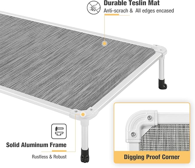Veehoo Chew Proof Elevated Dog Bed - Cooling Raised Pet Cot - Silver Aluminum Frame and Durable Textilene Mesh Fabric, Unique Designed No-Slip Feet for Indoor or Outdoor Use, Black Silver, Large