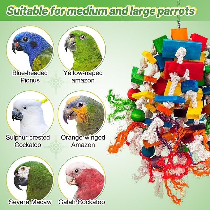 Large Parrot Toy - Multicolored Wooden Blocks Tearing Toys for Birds Suggested for African Grey, Macaw and Amazon Parrots