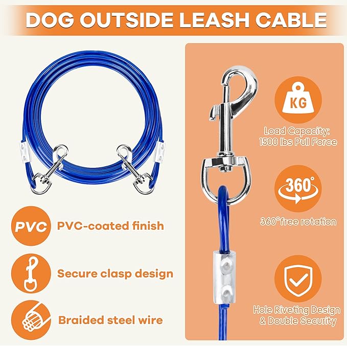 Dog Tie Out Stake, Heavy Duty 360°Swivel Dog Outside Lead Cable, Screw in Spike Auger Ground Stake Anchors with Power Nut Drill Bit, T Wrench and Leash, for Yard Camping Beach
