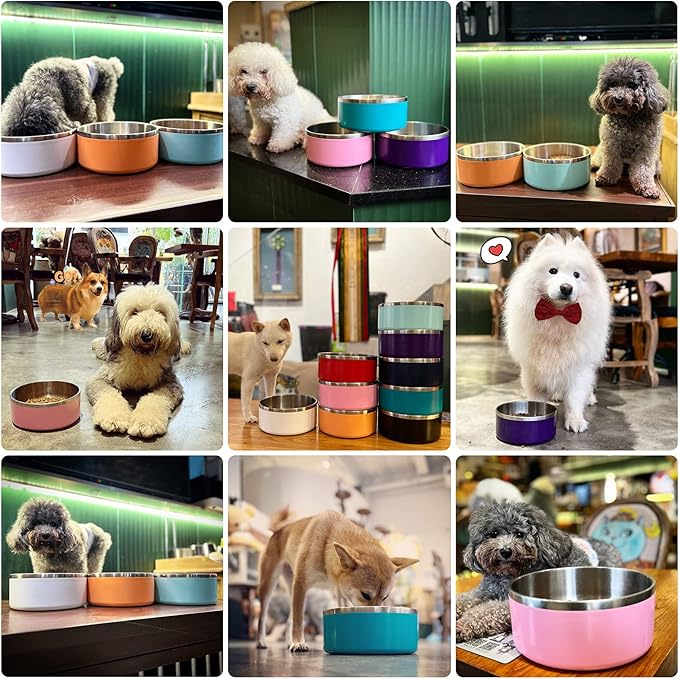 IKITCHEN Dog Bowl for Food and Water, 64 Oz Stainless Steel Pet Feeding Bowl, Durable Non-Skid Double Wall Insulated Heavy Duty with Rubber Bottom for Medium Large Dogs (64 Ounces/8 Cup, White)