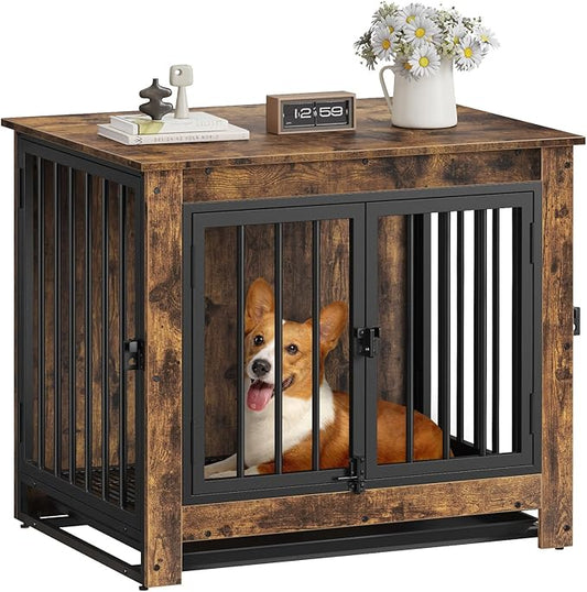 Dog Crate Furniture, Dog Crate End Table for Small and Medium Dogs,Wooden Cage Kennel Furniture Indoor, Modern Dog Crate with Multi-Purpose Removable Tray, Double-Doors Dog Furniture, Rustic Brown