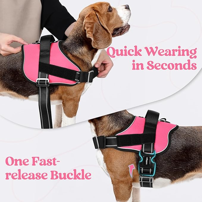 rabbitgoo Dog Harness for Large, Easy On Pet Vest with One Buckle, No Pull Adjustable Service Harness with D-Ring & Handle, Reflective for Safety Walking, Training, Pink, L