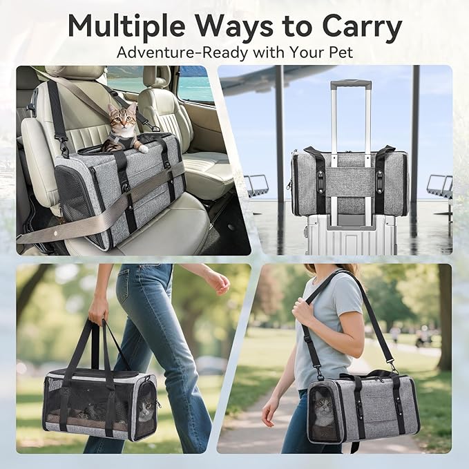 PETSFIT Soft-Sided Cat Carriers & Car Seats with Patent Safe Buckles, Clip-On Harness，18"x11"x11" Airline Approved Pet Carrier - 9 lbs Capacity,Grey