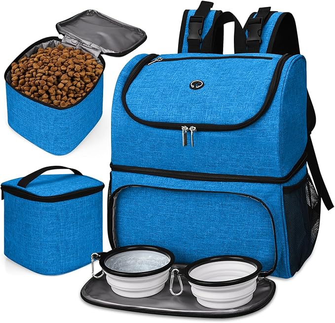 BAGLHER Pet Travel Bag, Double-Layer Pet Supplies Backpack (for All Pet Travel Supplies), Pet Travel Backpack with 2 Silicone Collapsible Bowls and 2 Food Baskets Blue