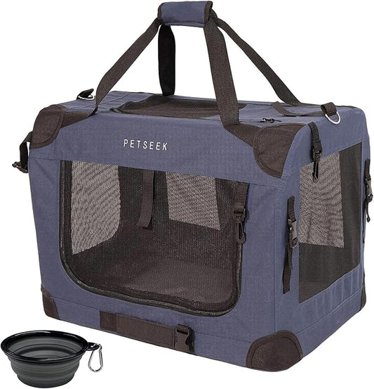 Extra Large Cat Carrier Soft Sided, Portable Small Dog Carrier for 2 Cats, 24"x16.5"x16" Car Travel Folding Comfortable Design with Bowl, Blue