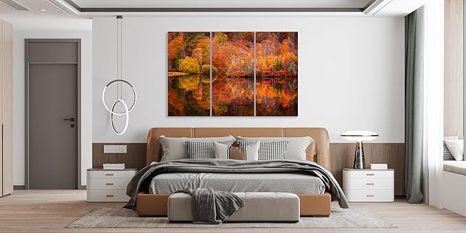 Nature Wall Art Prints - Ocean Forest Mountain Lake Canvas Landscapes - Small to Extra Large Living Room Bedroom Kitchen Bathroom Décor (Autumn Forest with Lake, 31L" x 47W" - 3 Panels)