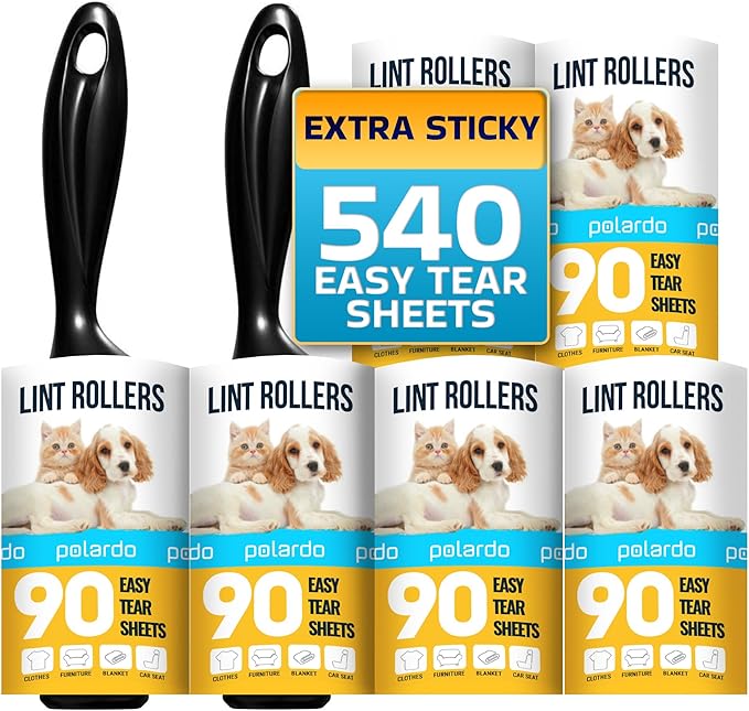 Lint Rollers 2 pcs, 540 Sticky Sheets, Extra 4 Spare Rollers/Hair Remover for Clothes, Furniture, Couch, Carpet, Dog Hair Remover, Cat Hair Remover, Animal Fur, Fuzz