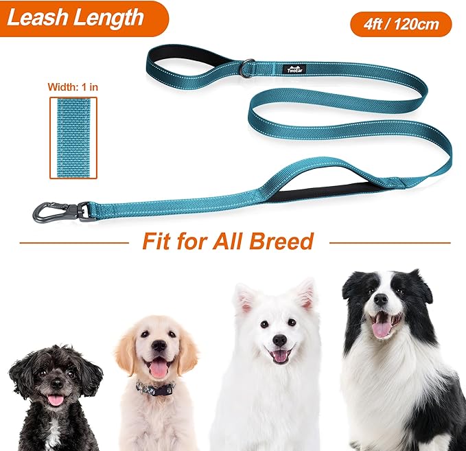TwoEar 4FT 1IN Strong Blue Dog Leash with 2 Padded Handles, Traffic Handle Extra Control, Comfortable Soft Dual Handle, Auto Lock Hook, Reflective Walking Lead for Small Medium and Large Dogs