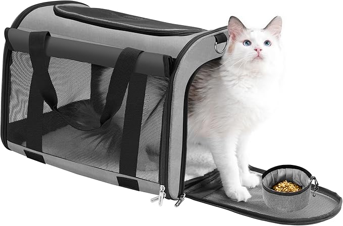 TWDEPART Cat Carrier Backpack - Multifunctional, Firm & Foldable with Roll-Up Shade, Breathable Design Includes Collapsible Bowl & Cushion (Grey)
