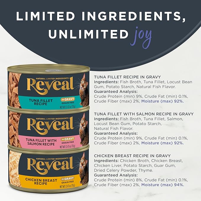 Reveal Natural Wet Cat Food, 12 Count, Grain Free, Limited Ingredient Canned Food for Cats, Fish and Chicken Variety in Gravy, 2.47 oz Cans