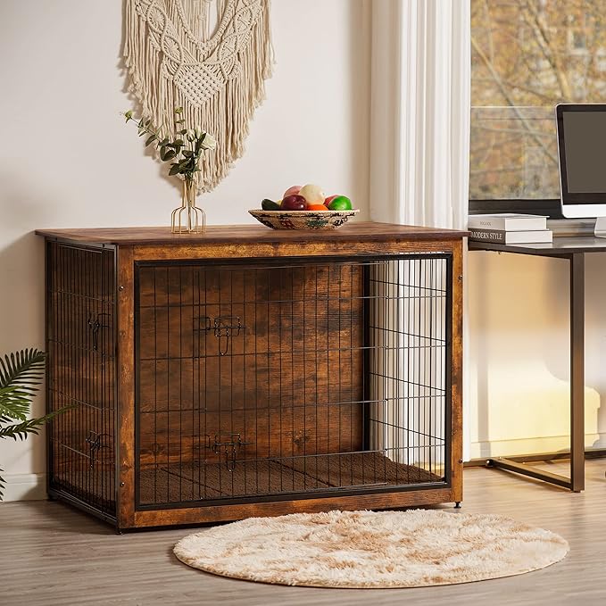 DWANTON Dog Crate Furniture with Cushion, Wooden Kennel Table with Double Doors, Indoor Dog House, Extra Large Size, 43.3" L, Rustic Brown